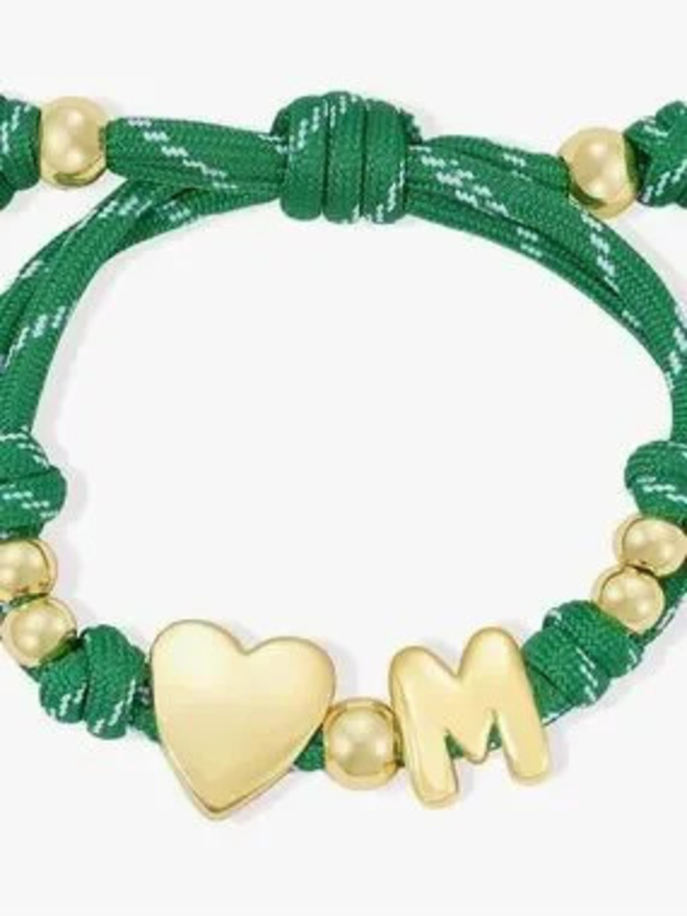 NEW 14k Gold Plated Heart M Charm Beaded Green Cord Bracelet